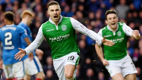 Jamie MacLaren celebrates scoring for Hibernian against Rangers in February