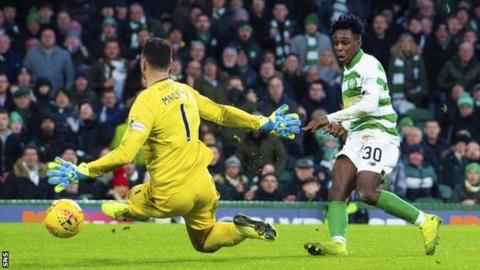 Jeremie Frimpong scored his second goal for Celtic with a close-range shot in the first half