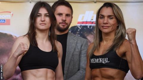 Katie Taylor and Rose Volante at the weigh-in in Philadelphia on Thursday
