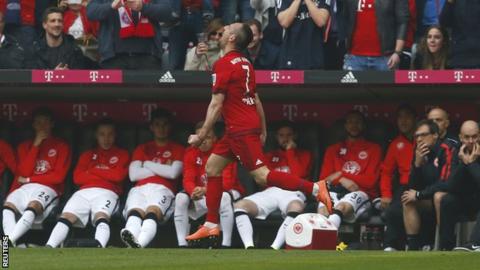 Franck Ribery celebrates scoring for Bayern Munich