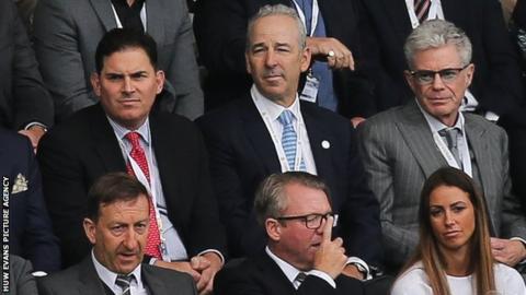 Jason Levien (back left) and Steve Kaplan (back centre) watched Swansea's 2-0 loss at home to Hull with chairman Huw Jenkins (front left)
