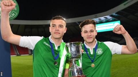 Hibs duo Ryan Porteous and Jamie Gullan celebrate with the Youth Cup