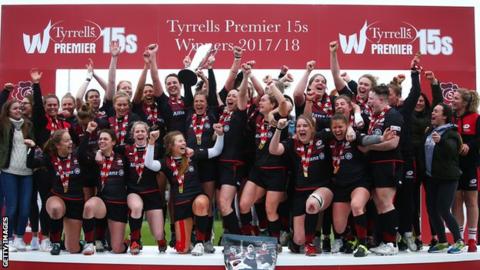 Saracens celebrate their Premier 15s victory in April 2018