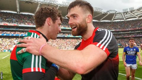 Aidan O'Shea and David Clarke celebrate after Mayo's All-Ireland semi-final replay win over Kerry in Croke Park
