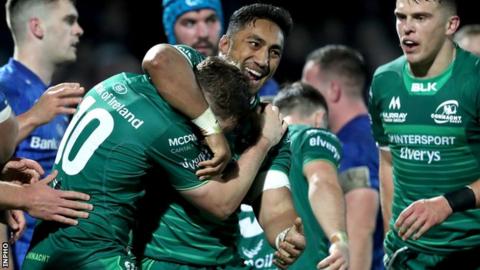 Bundee Aki celebrates Jack Carty's try