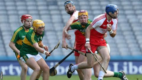 Liam Og Hinphey moves clear of three Kerry players in last year's Christy Ring Cup final