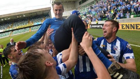 Oran Kearney after Coleraine's Irish Cup success in 2018