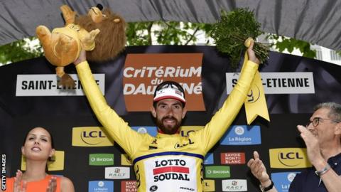 Thomas de Gendt celebrates winning stage one of 2017 Dauphine
