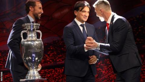 England manager Gareth Southgate with Croatia boss Zlatko Dalic and Czech Republic coach Jaroslav Silhavy at the Euro 2020 draw in Bucharest