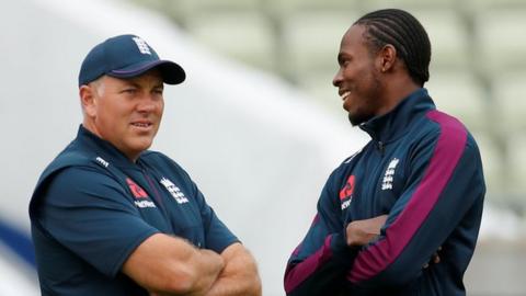 England bowling coach Chris Silverwood (left) and Jofra Archer
