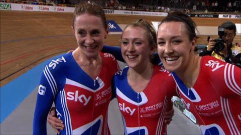 Great Britain's team pursuit team of Wendy Houvenaghel, Laura Trott and Dani King