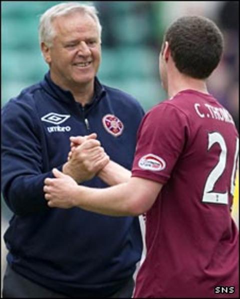 Jim Jefferies congratulates Hearts defender Craig Thomson