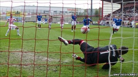 Dougie Imrie watches his penalty saved by Allan McGregor