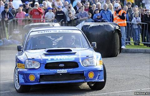 Derek McGarrity and co-driver James McKee in action during the Power Stage in Lisburn City Centre