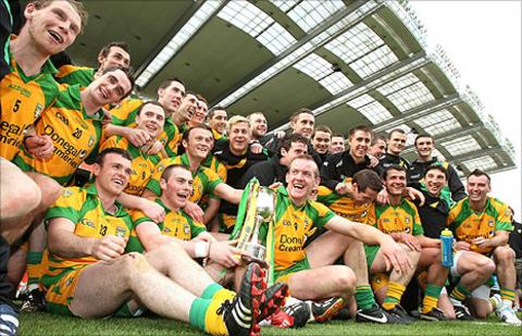 Donegal players celebrate after their narrow win over Laois