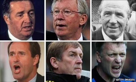 (clockwise from top left) Jock Stein, Sir Alex Ferguson, Sir Matt Busby, George Graham, Kenny Dalglish and David Moyes