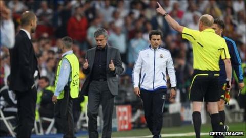 Real coach Jose Mourinho is sent to the stands