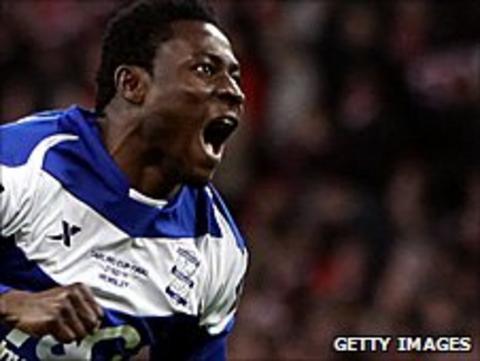 Obafemi Martins celebrates scoring the winning goal at the Carling Cup final