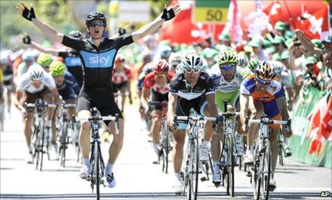 Ben Swift celebrates winning the final stage at the the Tour of Romandy