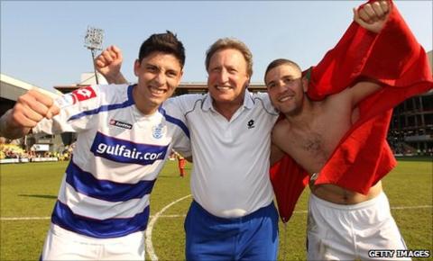 Alejandro Faurlin (left) celebrates his team's promotion to the Premier League with Neil Warnock and Adel Taarabt
