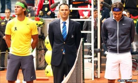 Rafael Nadal and Roger Federer in a minute's silence to tribute Spanish golfing legend Seve Ballesteros