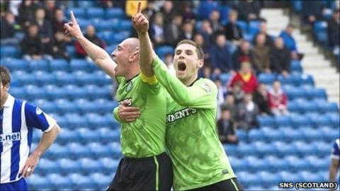 Celtic's Scott Brown celebrates his opening goal with Gary Hooper