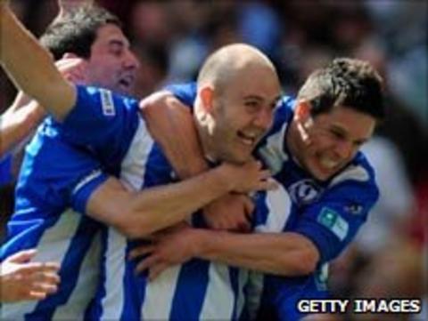 Paul Chow celebrates scoring Whitley Bay's first goal