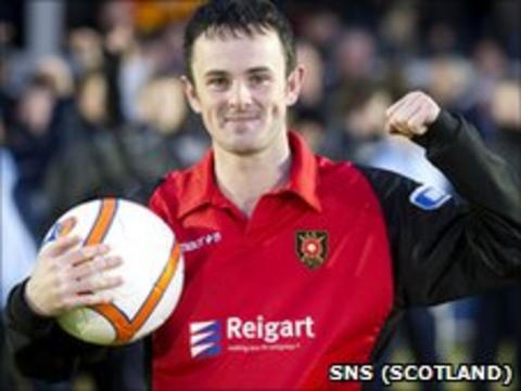 Robert Love celebrates his hat-trick at Cliftonhill