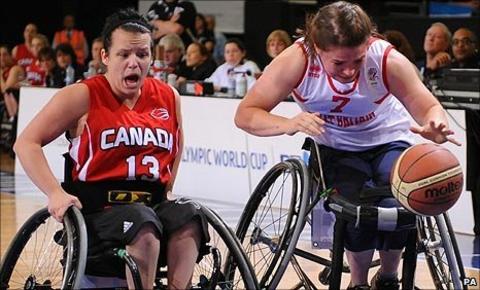 Great Britain's Helen Freeman and Canada's Jamey Jewells during the Paralympic World Cup in Manchester on Monday