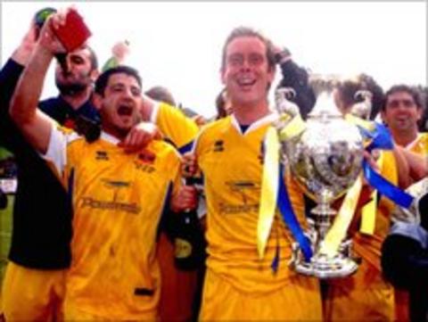 Barry Town celebrate winning the Welsh Cup in 2002/03
