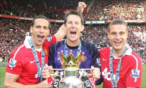Rio Ferdinand (left) Edwin van der Sar (centre) and Nemanja Vidic (right)