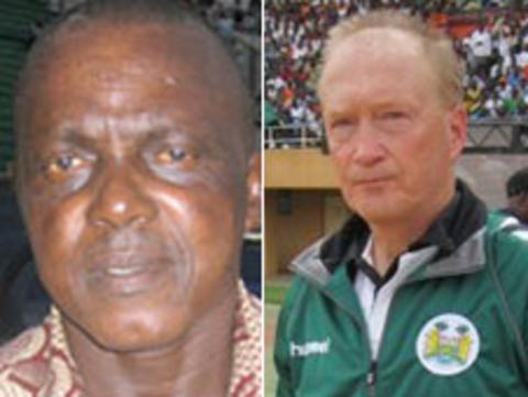 Sierra Leone coach Lars Olof Mattsson (r) and his assistant Christian Cole