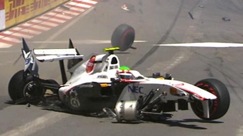 Sergio Perez collides with a safety barrier in Monaco