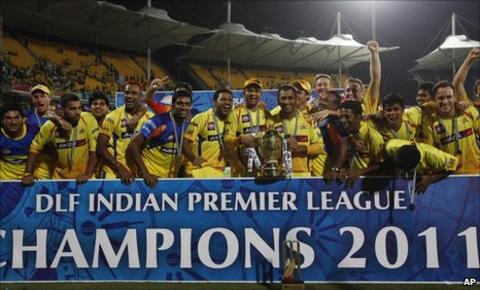 Chennai Super Kings celebrate with the IPL trophy
