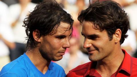 Rafa Nadal and Roger Federer following the final at Roland Garros
