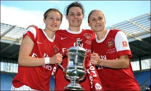Arsenal's Ellen White, Jennifer Beattie and Steph Houghton celebrate winning the women's FA Cup