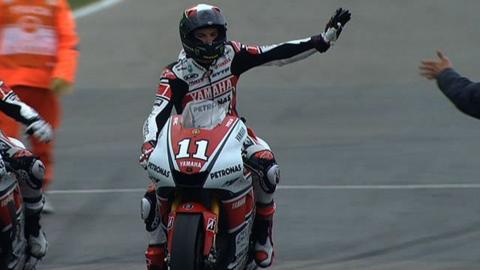 Yamaha's Ben Spies celebrates his maiden MotoGP win