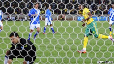South Africa's Katlego Mphela scores against Guatemala