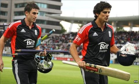 Craig Kieswetter and Alastair Cook leave the field after their stunning batting display
