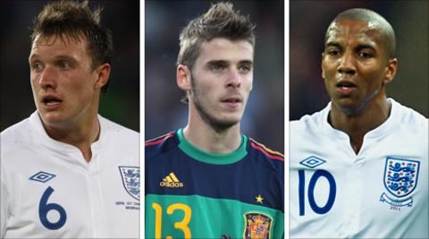 Phil Jones (left), David de Gea (centre) and Ashley Young