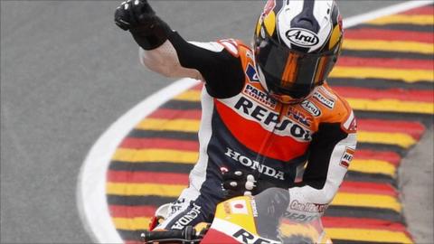 Dani Pedrosa celebrates after winning the German MotoGP