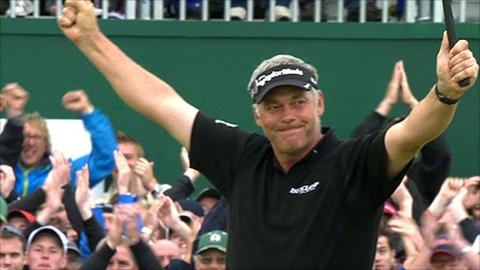 Darren Clarke celebrates winning the Open