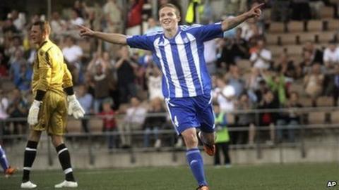 Helsinki's Alexander Ring celebrates his opening goal against Bangor