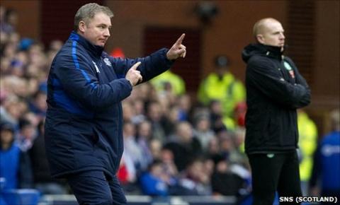Ally McCoist passes on instructions as Neil Lennon (right) looks on at Ibrox