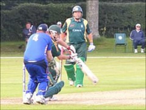 Guernsey cricketers Jeremy Frith (facing) and Stuart Le Prevost batting during the ICC European Division One tournament