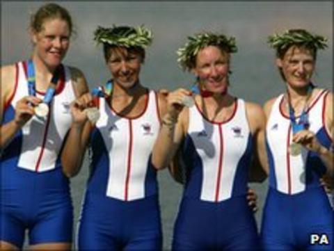 Houghton (left) and the rest of the GB women's quad sculls rowing team show off their silver medals at the Olympic Games in Athens in 2004