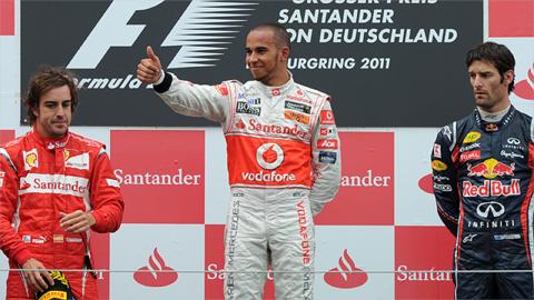Fernando Alonso, Lewis Hamilton and Mark Webber on the podium after the German Grand Prix