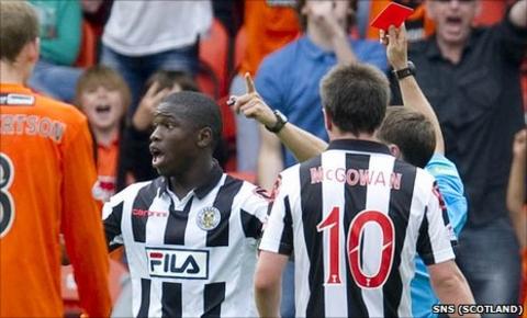 St Mirren forward Nigel Hasselbaink is sent off by referee Crawford Allan