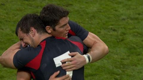 Captain Sam Warburton & James Hook celebrate victory over England