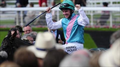 Jockey Mongan celebrates on Twice Over